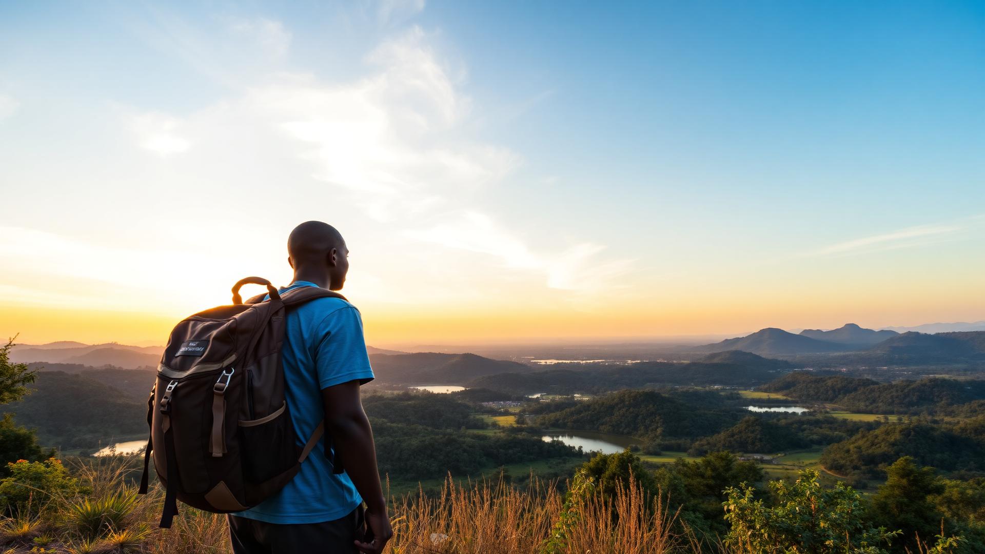 Traveller overlooking a Ugandan lake and mountains